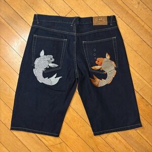 Heifetgens Evisu Y2K Baggy Denim Shorts Men 38 Koi Fish Embroidered Raw Jorts